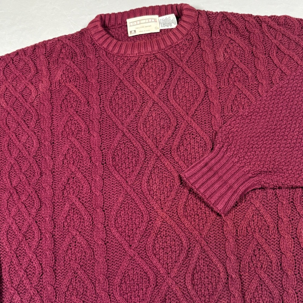 Lord Jeff Sweater Mens L Burgundy Cable Knit Pullover Cotton Made in USA